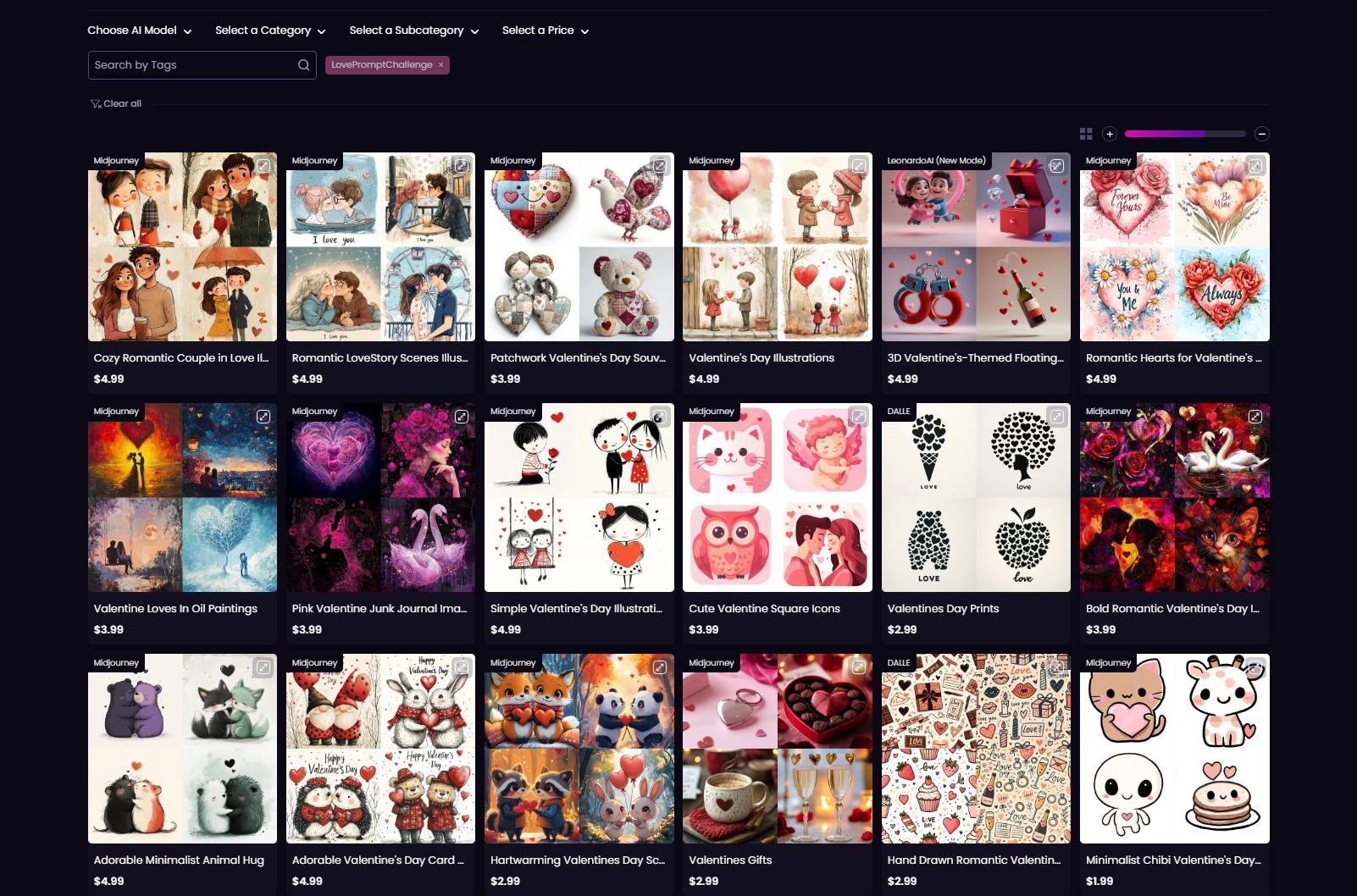 Prompt Market page screenshot with Valentine themed prompts