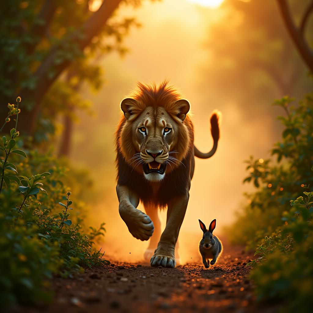 AI Generated by FLUX.1 image - Majestic Lion Pursues Rabbit, shared on the LaPrompt marketplace.