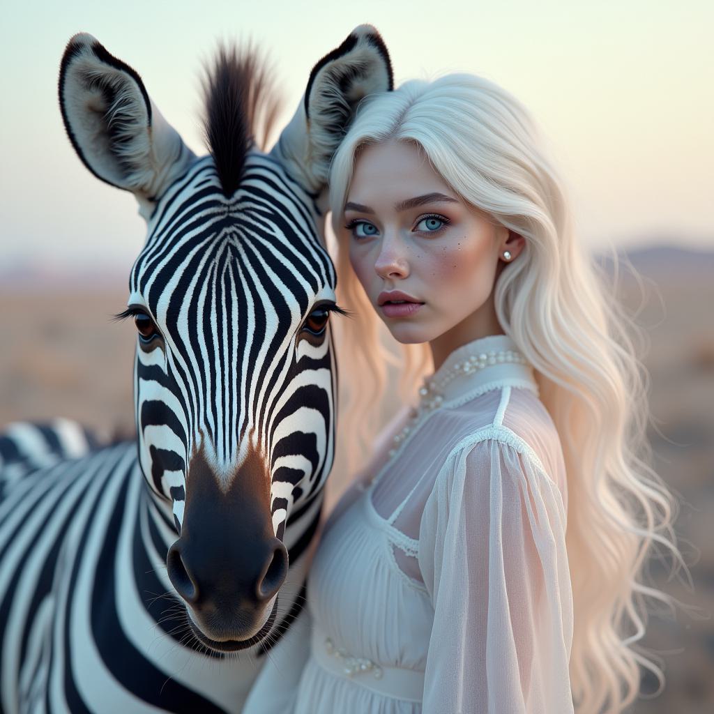 AI Generated by FLUX.1 image - Cute Woman with Zebra, shared on the LaPrompt marketplace.