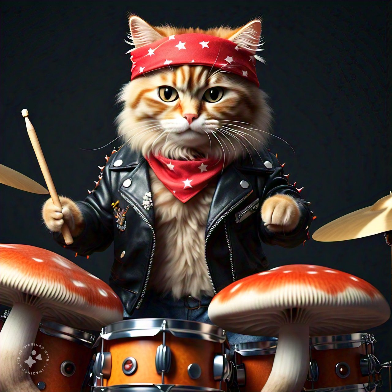 AI Generated by Meta AI Llama 3 - Cat in Bandana Plays Drums, shared on the LaPrompt marketplace.