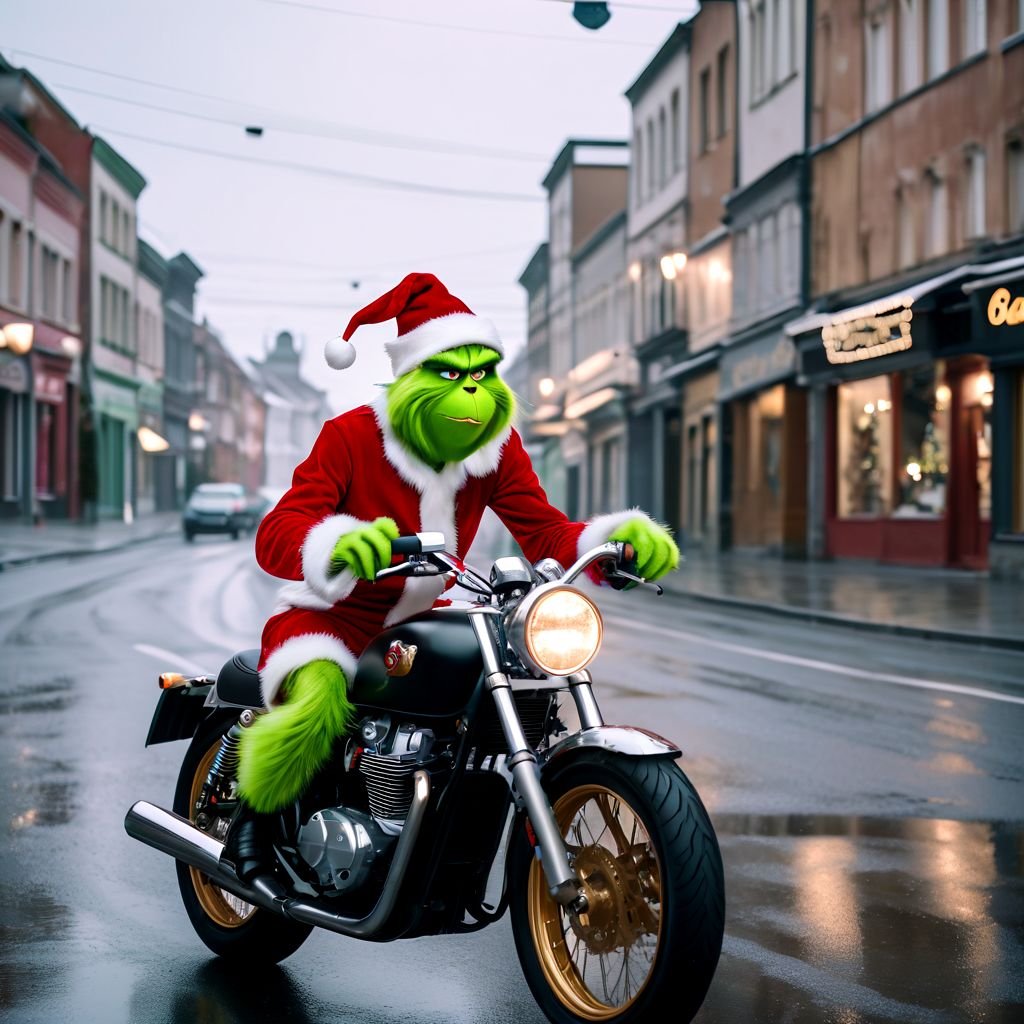 AI Artwork Generated by IMG2GO - Grinch on Motorcycle, shared on the LaPrompt marketplace.