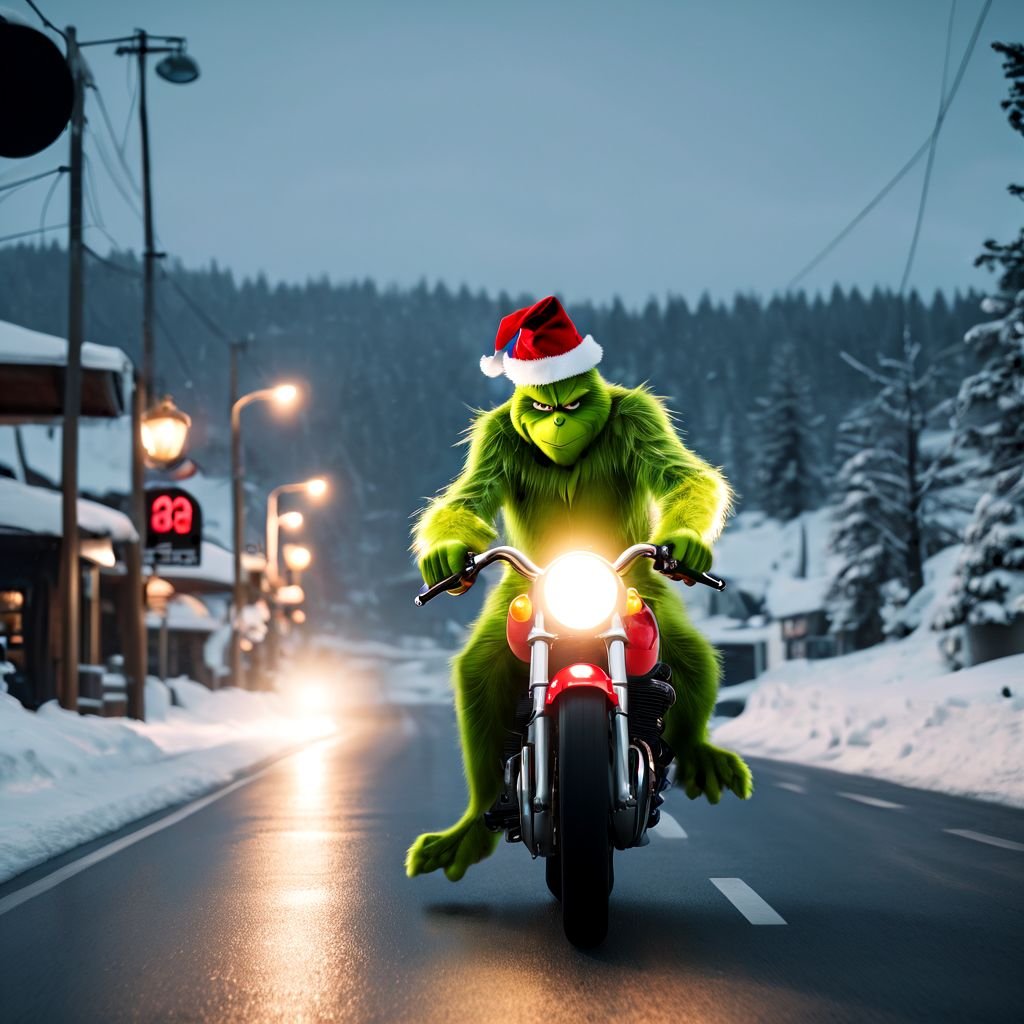AI Artwork Generated by IMG2GO - Grinch on Motorcycle