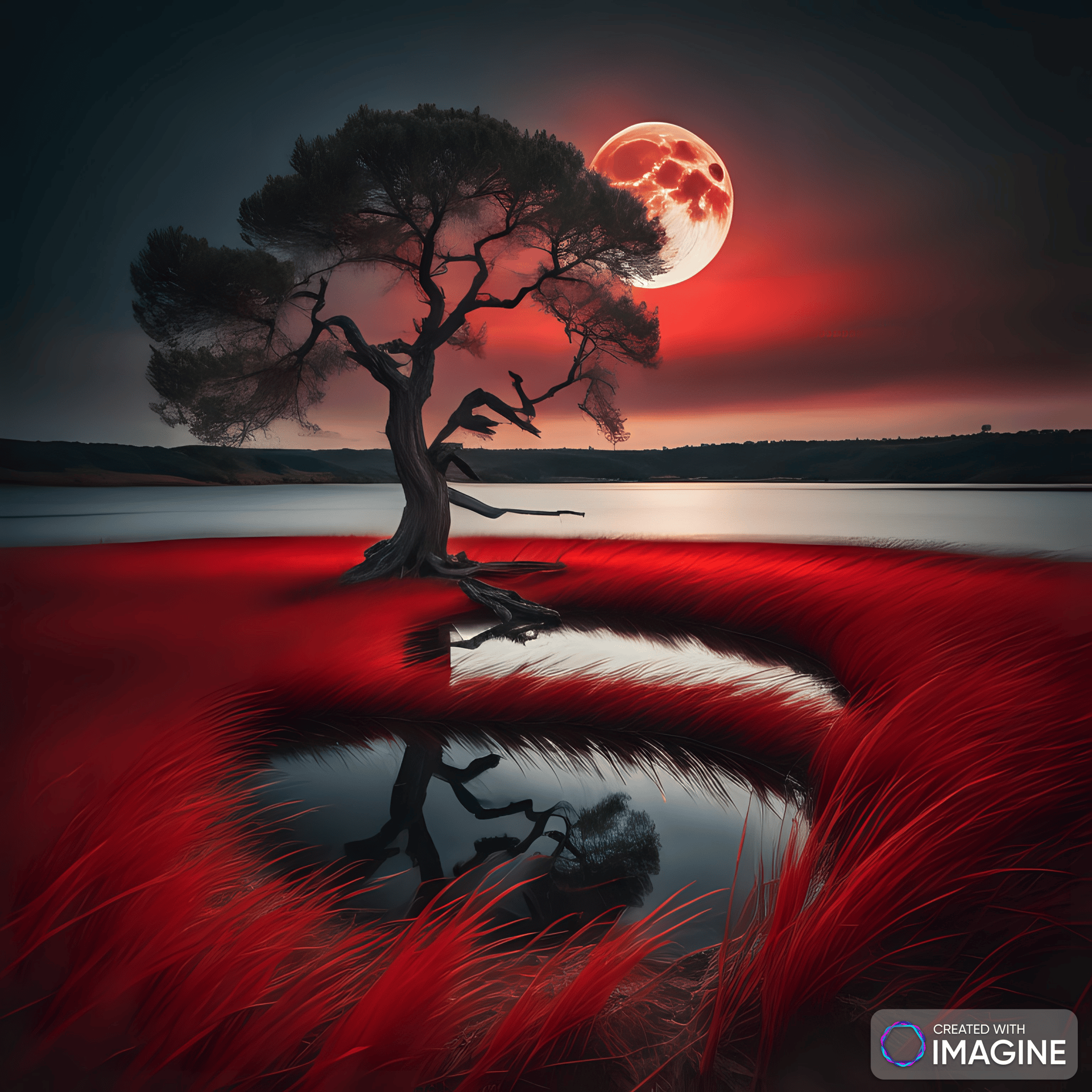 AI Artwork Generated by Imagine - Lake Under the Red Moon, shared on the LaPrompt marketplace.