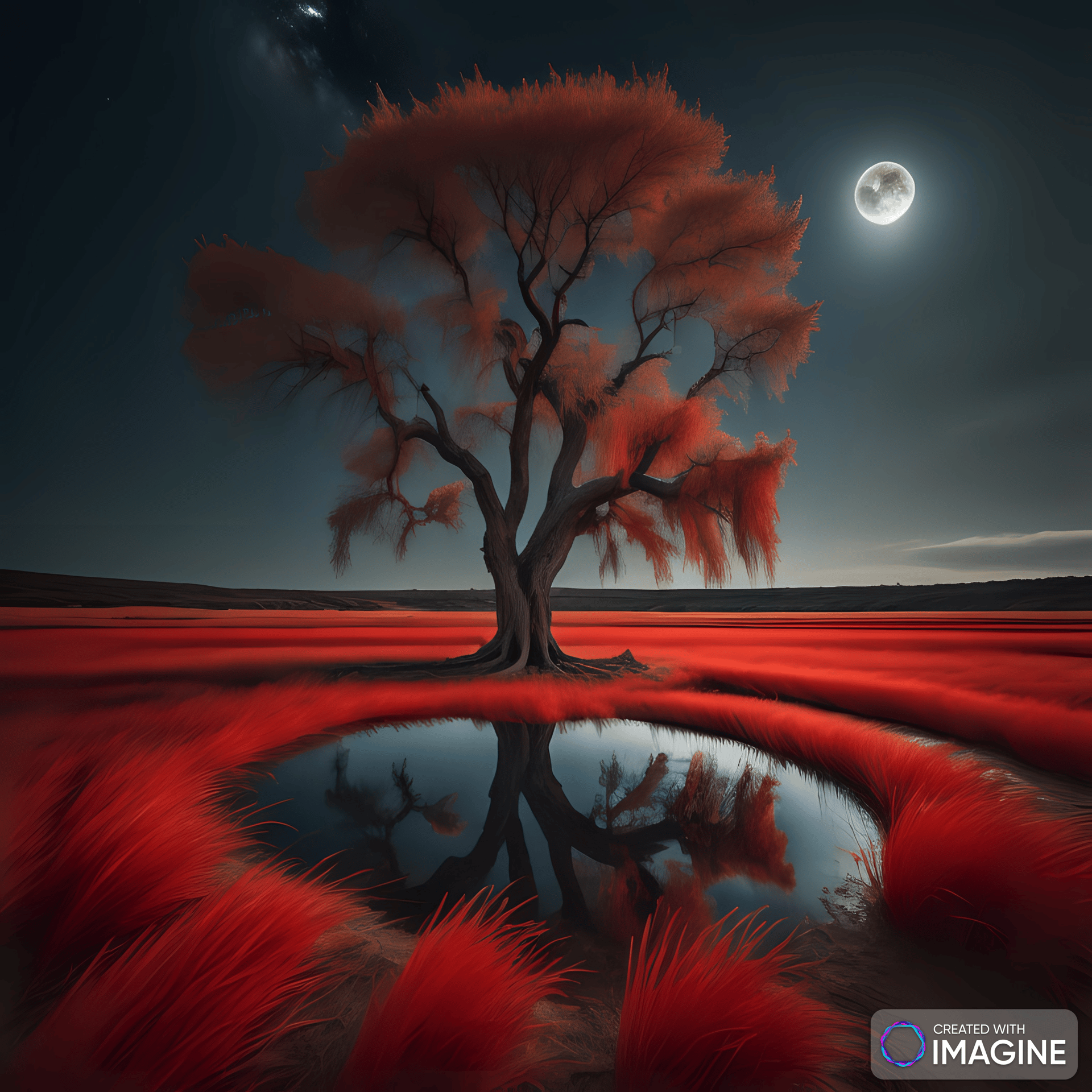 AI Artwork Generated by Imagine - Lake Under the Red Moon