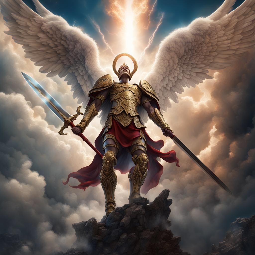 AI Artwork Generated by NightCafe - Archangel with Excalibur, shared on the LaPrompt marketplace.