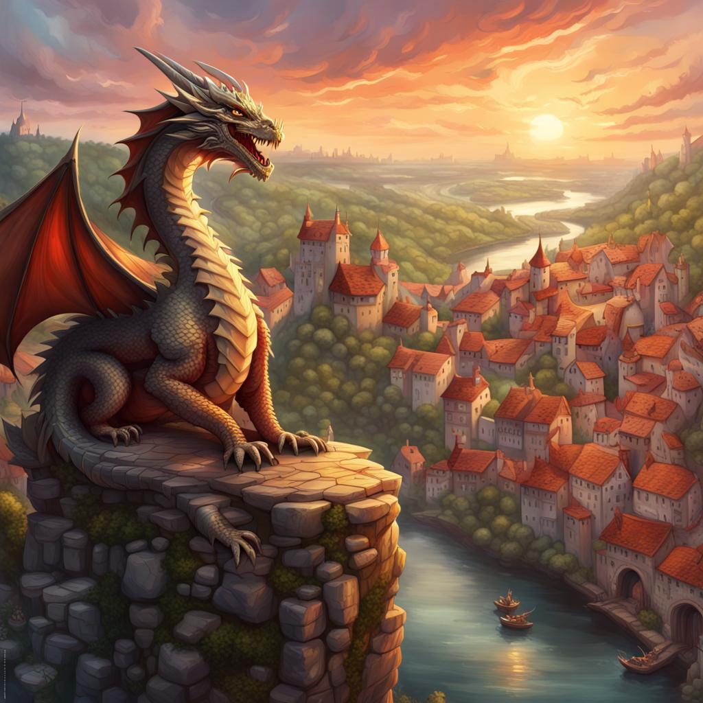 AI Artwork Generated by NightCafe - Dragon Overlooking a Medieval Village