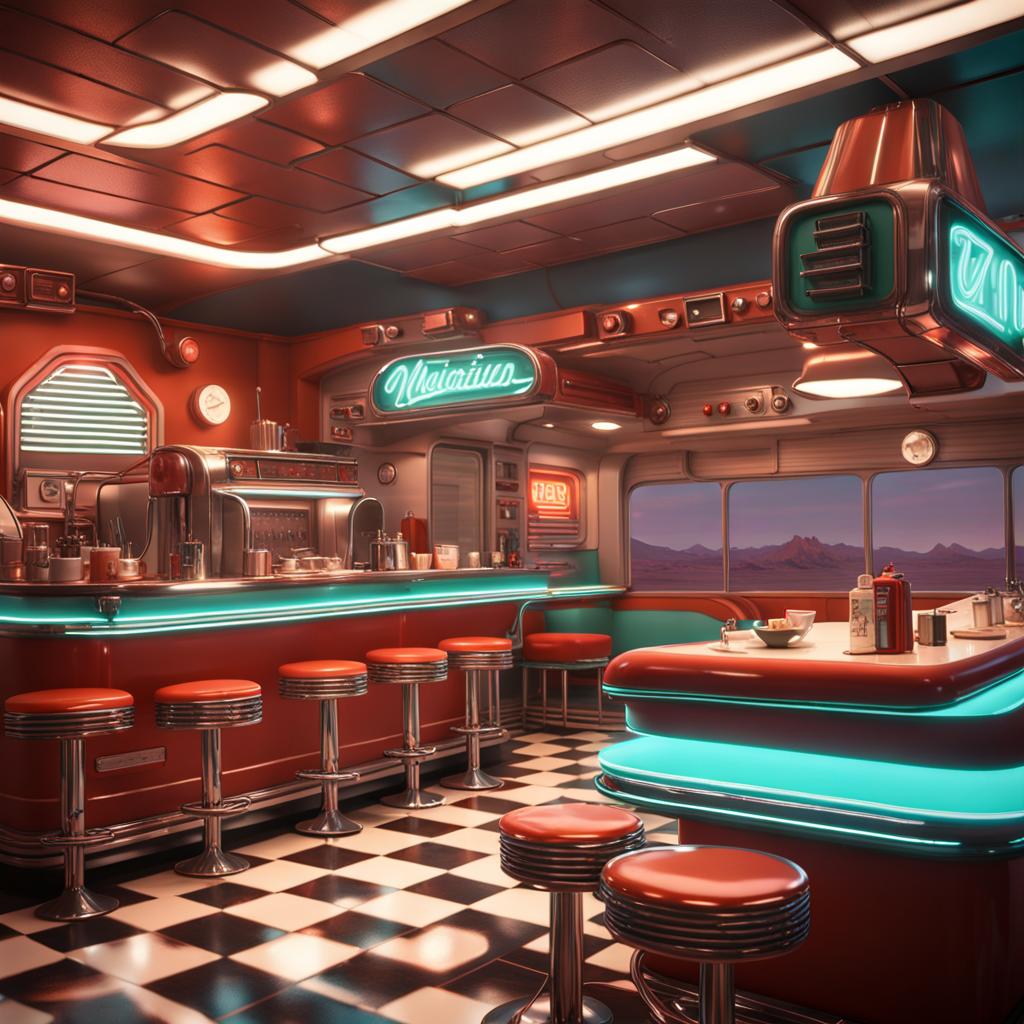 AI Artwork Generated by NightCafe - Retro-Futuristic Diner on Mars, shared on the LaPrompt marketplace.
