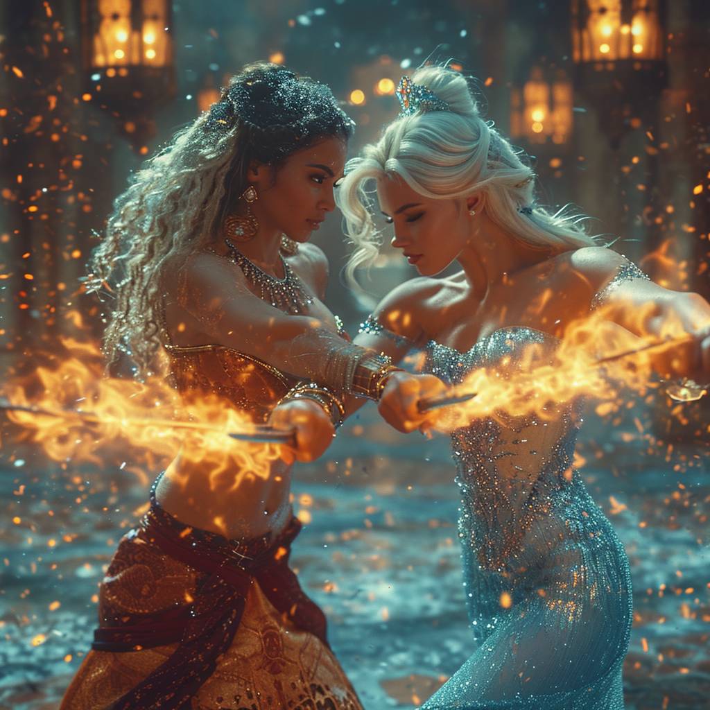 AI Artwork Generated by Midjourney - Ice and Fire Females, shared on the LaPrompt marketplace.