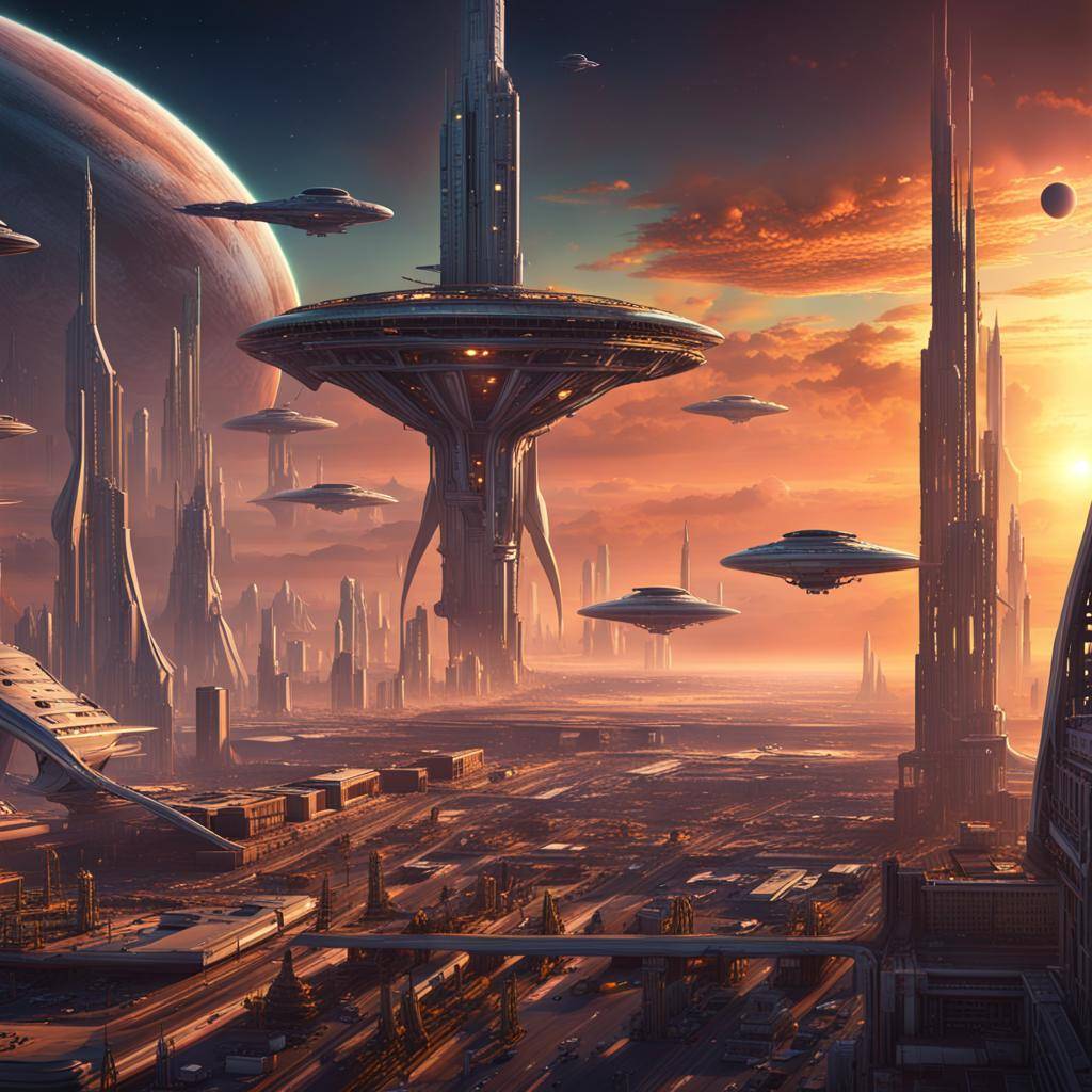 AI Artwork Generated by NightCafe - Intergalactic Spaceport at Dusk, shared on the LaPrompt marketplace.