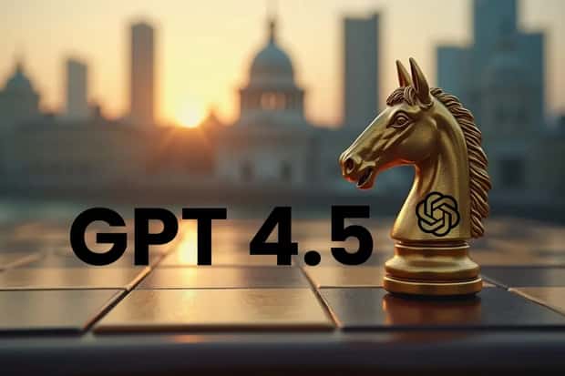 Poster image featuring a golden chess knight piece with the OpenAI logo, placed on a chessboard against a blurred urban sunset background, labeled prominently as 'GPT 4.5'. Intended for an article comparing AI models.