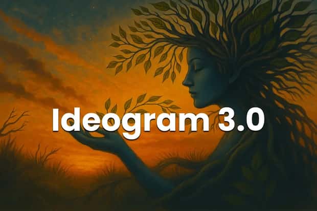 Surreal digital painting of a nature goddess with tree-like hair and leaves, holding a glowing branch at sunset, used as a banner for the Ideogram 3.0 article.