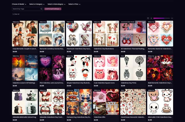 Prompt Market page screenshot with Valentine themed prompts