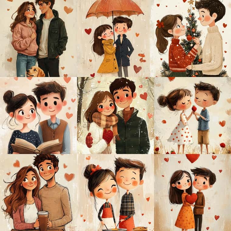 Cozy Romantic Couple in Love Illustrations