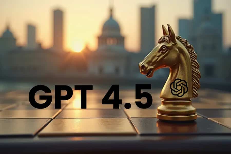 Poster image featuring a golden chess knight piece with the OpenAI logo, placed on a chessboard against a blurred urban sunset background, labeled prominently as 'GPT 4.5'. Intended for an article comparing AI models.