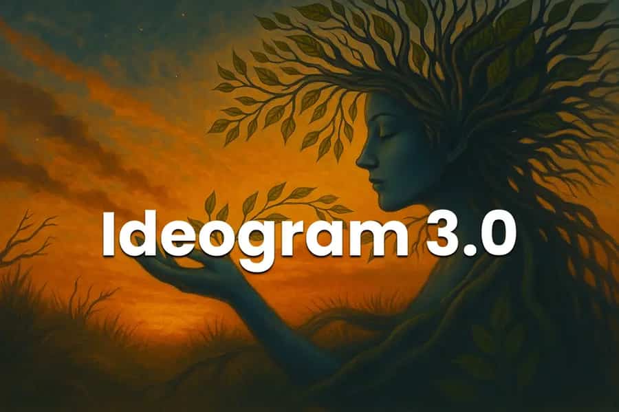 Surreal digital painting of a nature goddess with tree-like hair and leaves, holding a glowing branch at sunset, used as a banner for the Ideogram 3.0 article.