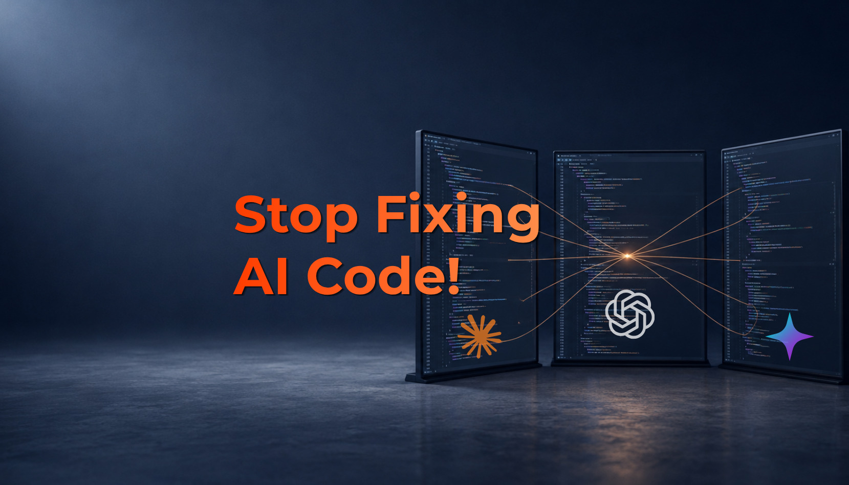 Three code editors linked by converging light trails under the headline Stop Fixing AI Code