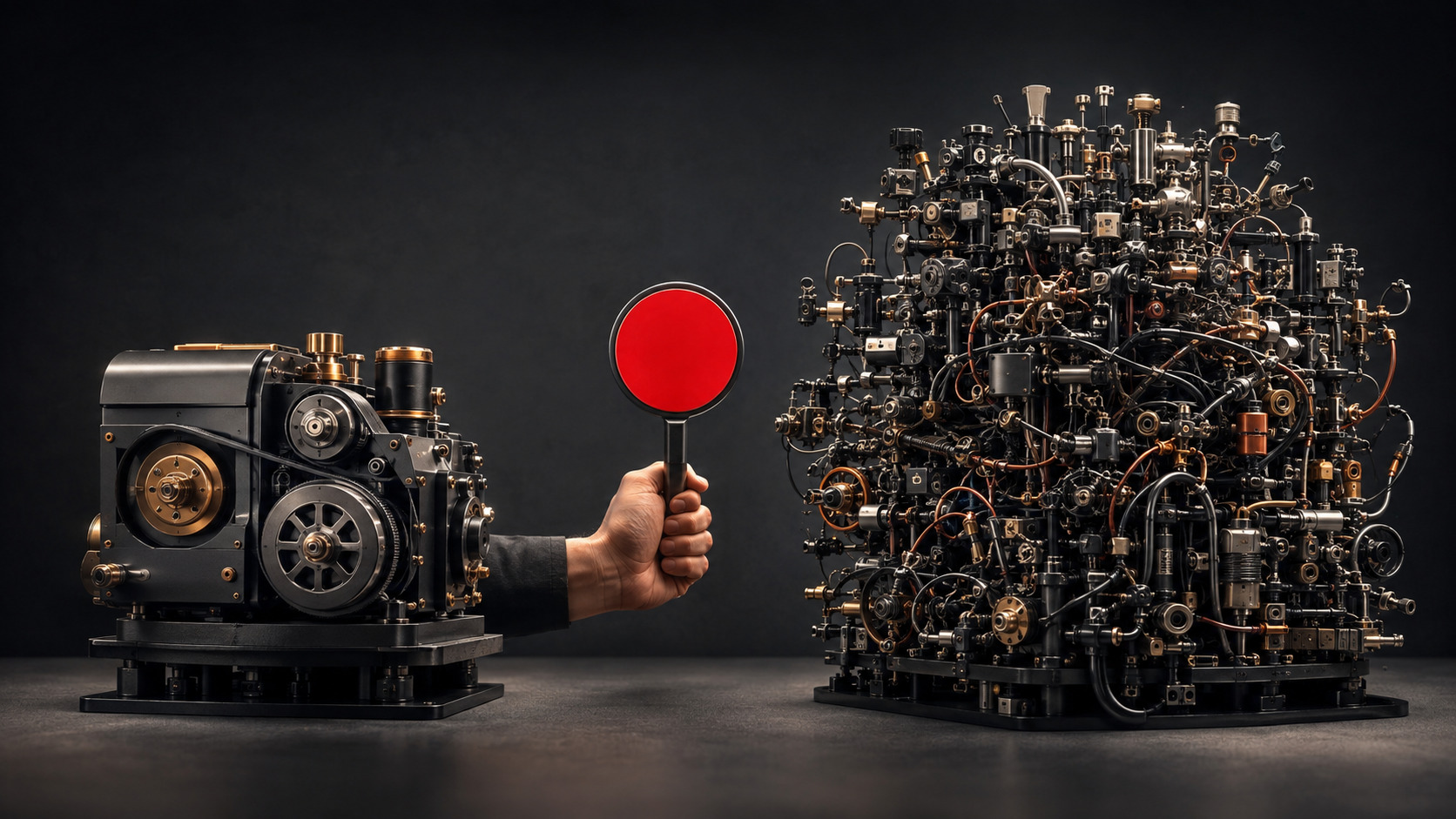 A compact machine compared with an unnecessarily complex version while a human raises a stop signal