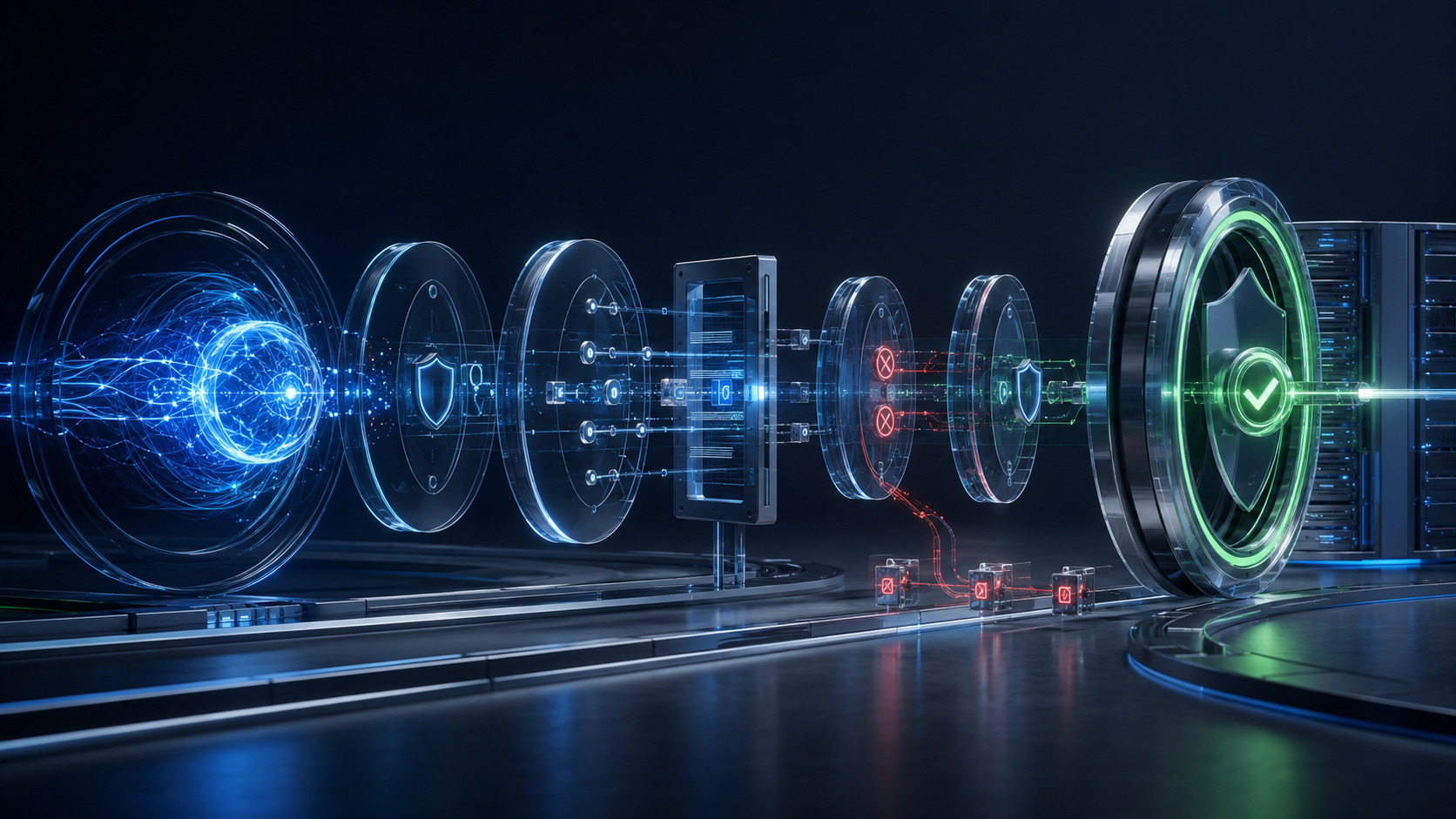 Powerful AI workflow passing through layered permission checks, security barriers and an approval gate