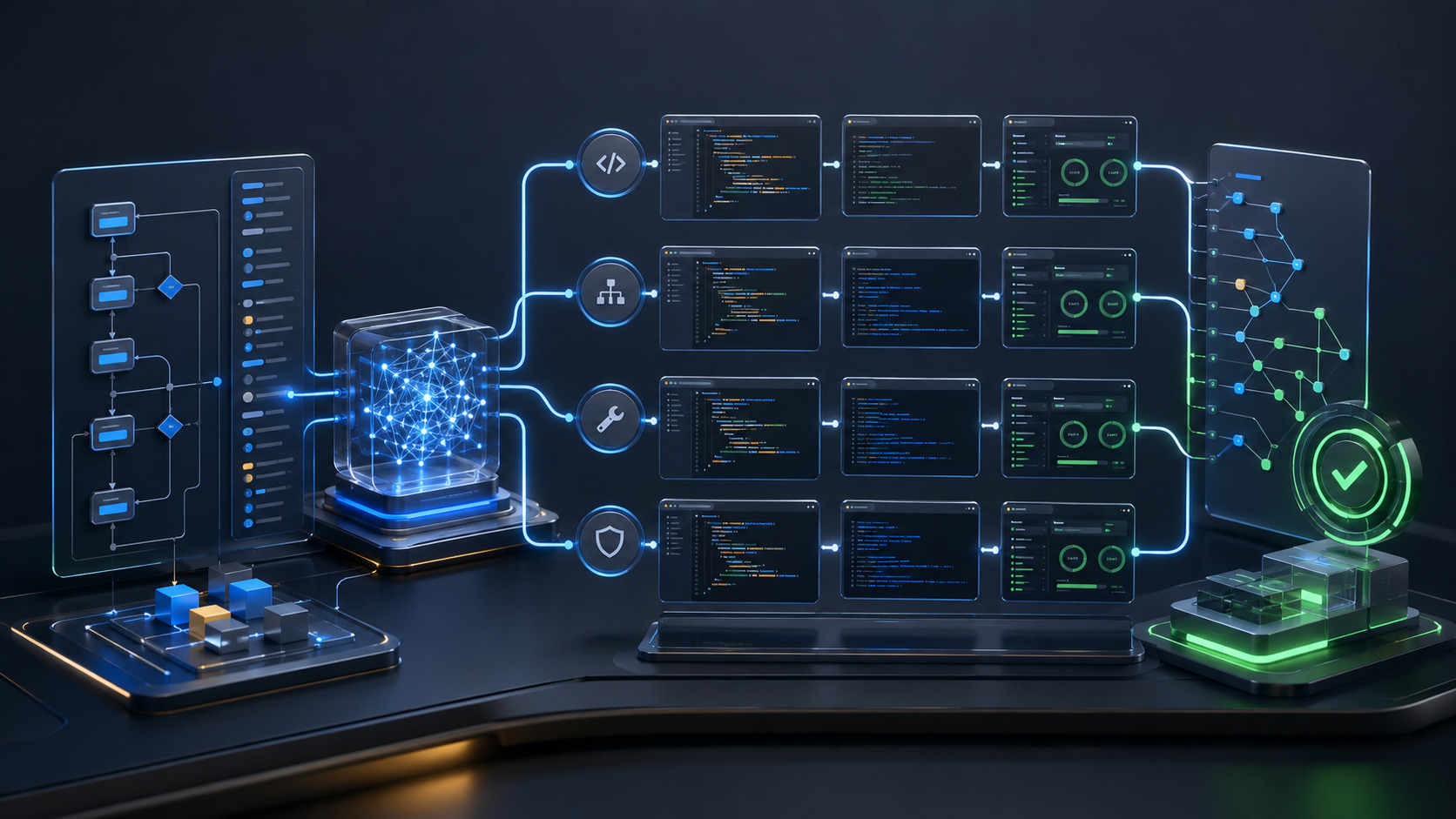 AI coding workflow coordinating planning, code changes, tests and review across four workstreams