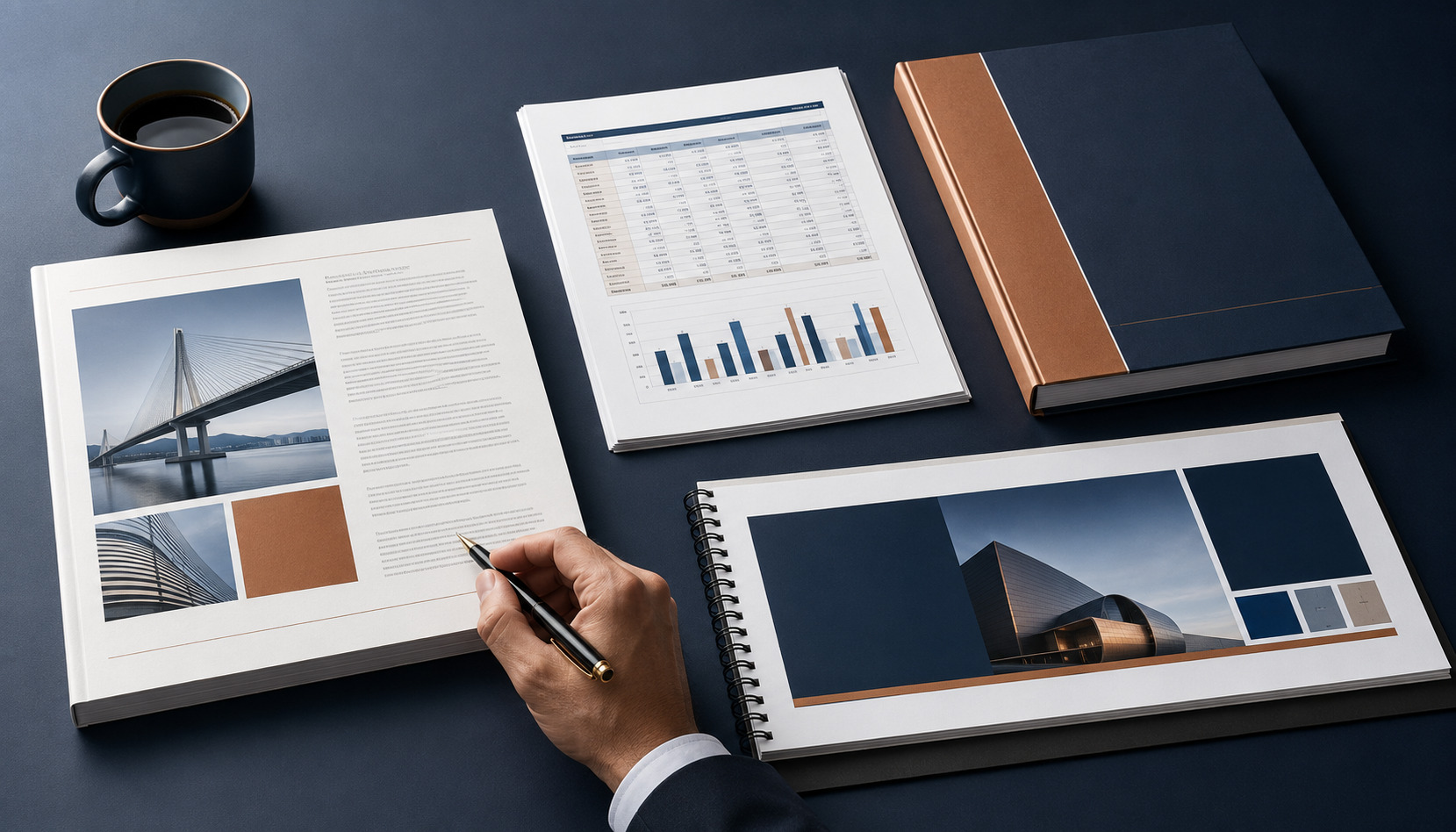 A reviewer checks a polished report, spreadsheet, presentation and bound document