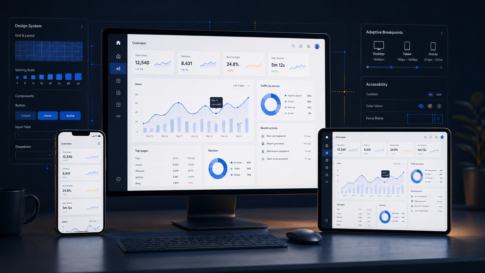 Responsive analytics dashboard shown across desktop, tablet and mobile with design system guides