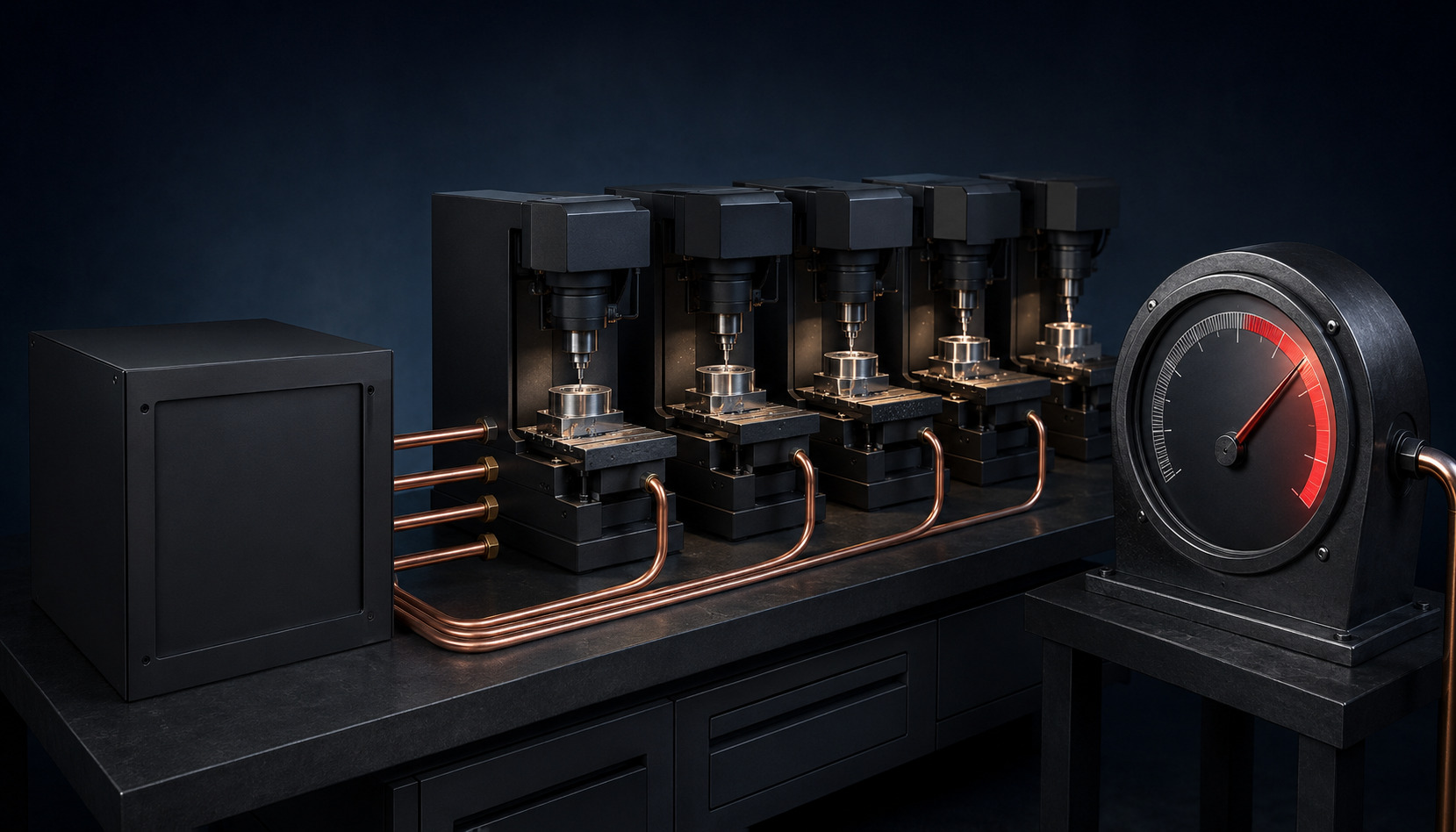 Four parallel precision machines draw power while a meter moves into the red