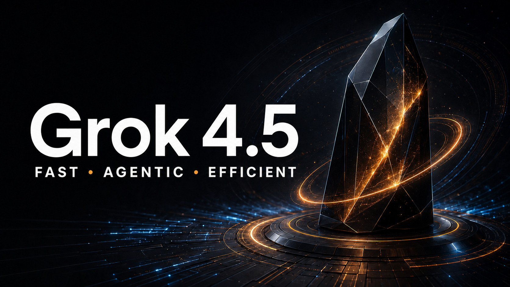 Grok 4.5 technology news preview with an obsidian AI core