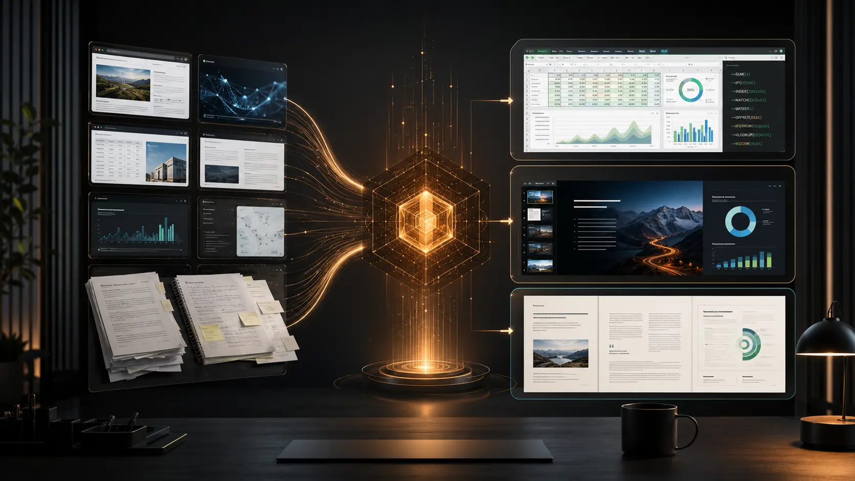 AI transforms research and source documents into a spreadsheet, presentation, and professional report
