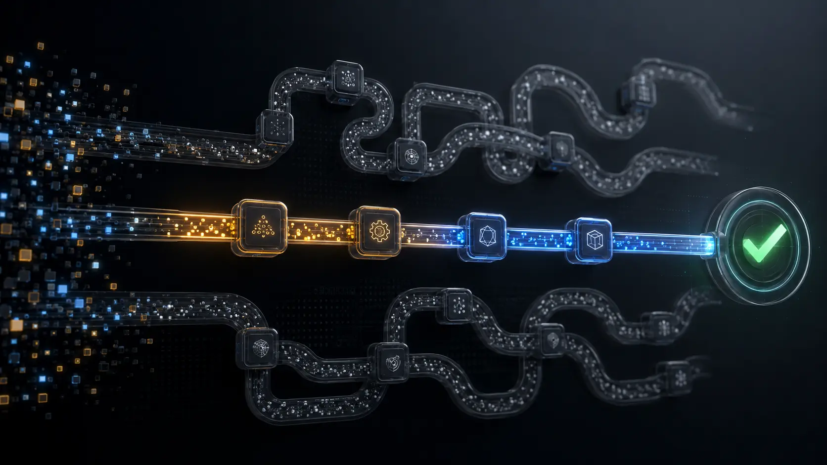A compact AI workflow reaches a verified result while longer paths consume more token-like particles