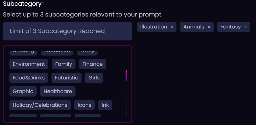 Subcategory selection