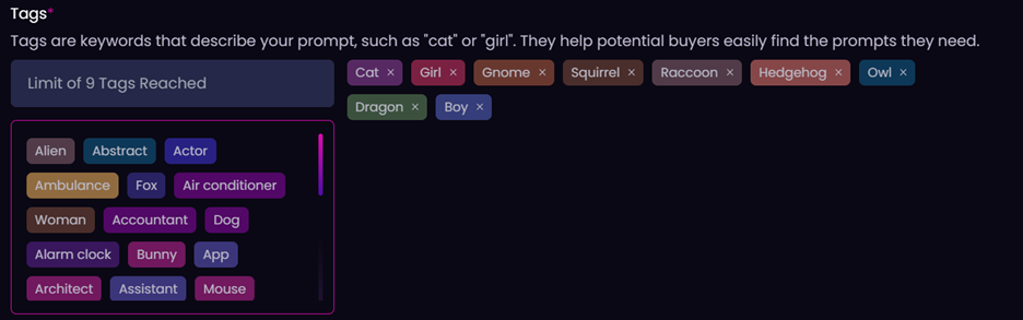 Tags selection